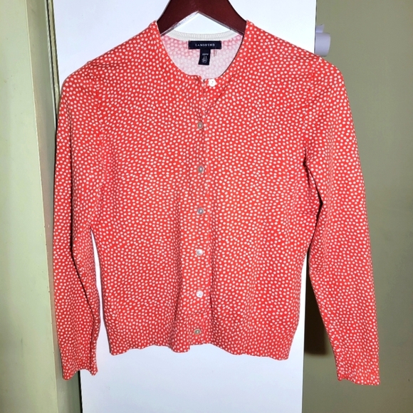 Lands' End Orange and White Polka Dot cardigan boxy square cut Sweater XS - Picture 1 of 5